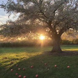 An image of an apple tree in the foreground with a sunset in the background. Blossoms are falling from the tree and the sun casts long shadows on the ground.