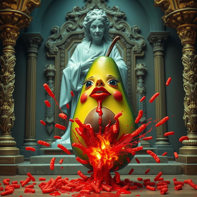 A whimsical and surreal scene featuring a realistic noseless feminine avocado with long eyelashes and big lips, energetically spraying red liquid and fire, along with red Cheetos, explosively from its bottom