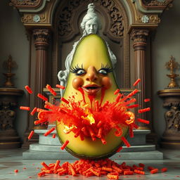 A whimsical and surreal scene featuring a realistic noseless feminine avocado with long eyelashes and big lips, energetically spraying red liquid and fire, along with red Cheetos, explosively from its bottom