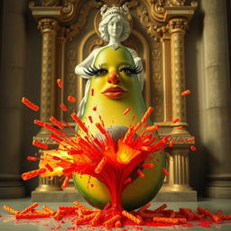 A whimsical and surreal scene featuring a realistic noseless feminine avocado with long eyelashes and big lips, energetically spraying red liquid and fire, along with red Cheetos, explosively from its bottom