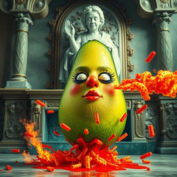 A whimsical and surreal scene featuring a realistic noseless feminine avocado with long eyelashes and big lips, energetically spraying red liquid and fire, along with red Cheetos, explosively from its bottom