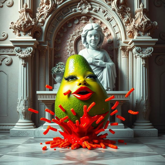 A whimsical scene featuring a realistic feminine avocado, characterized by long eyelashes and big lips, but no nose, energetically spraying red liquid and fire, along with red Cheetos, explosively from its bottom towards a white statue of an old lady positioned on an ornate altar behind the avocado