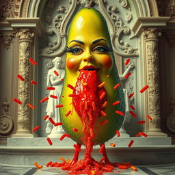 A whimsical scene featuring a realistic feminine avocado, characterized by long eyelashes and big lips, but no nose, energetically spraying red liquid and fire, along with red Cheetos, explosively from its bottom towards a white statue of an old lady positioned on an ornate altar behind the avocado