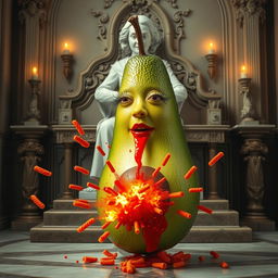 A whimsical scene featuring a realistic feminine avocado, characterized by long eyelashes and big lips, but no nose, energetically spraying red liquid and fire, along with red Cheetos, explosively from its bottom towards a white statue of an old lady positioned on an ornate altar behind the avocado