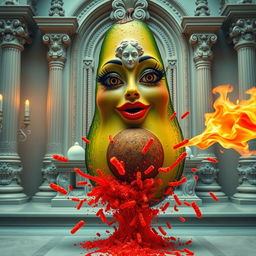 A whimsical scene featuring a realistic feminine avocado, characterized by long eyelashes and big lips, but no nose, energetically spraying red liquid and fire, along with red Cheetos, explosively from its bottom towards a white statue of an old lady positioned on an ornate altar behind the avocado