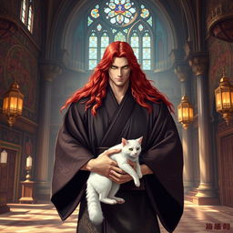 A handsome, powerful man with long, flowing red hair and striking yellow eyes, dressed elegantly in a traditional kimono