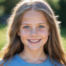 Portrait of a smiling young girl with long hair, sun-kissed skin and sparkling blue eyes.