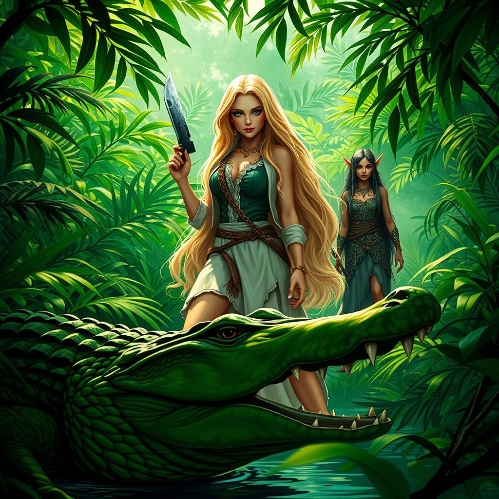 A beautiful blonde woman with long flowing hair, wielding a machete, standing confidently in a lush green jungle