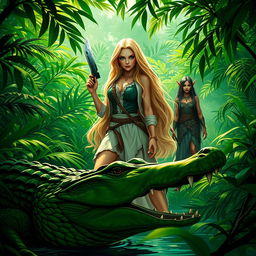 A beautiful blonde woman with long flowing hair, wielding a machete, standing confidently in a lush green jungle