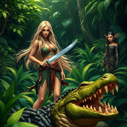 A beautiful blonde woman with long flowing hair, wielding a machete, standing confidently in a lush green jungle