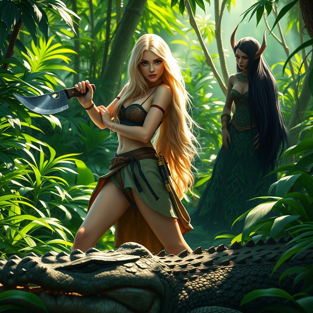 A beautiful blonde woman with long flowing hair, wielding a machete, standing confidently in a lush green jungle