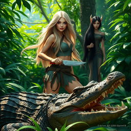 A beautiful blonde woman with long flowing hair, wielding a machete, standing confidently in a lush green jungle