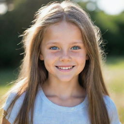 Portrait of a smiling young girl with long hair, sun-kissed skin and sparkling blue eyes.