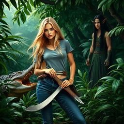 A beautiful blonde woman with long flowing hair, holding a machete, dressed in stylish jeans and a casual t-shirt, standing confidently in a lush jungle environment