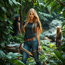 A beautiful blonde woman with long flowing hair, holding a machete, dressed in stylish jeans and a casual t-shirt, standing confidently in a lush jungle environment