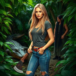 A beautiful blonde woman with long flowing hair, holding a machete, dressed in stylish jeans and a casual t-shirt, standing confidently in a lush jungle environment