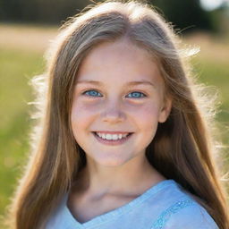 Portrait of a smiling young girl with long hair, sun-kissed skin and sparkling blue eyes.