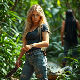 A beautiful blonde woman with long hair, wielding a machete, standing confidently in a lush jungle environment