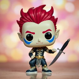 A Funko Pop Astarion figure depicted in a playful and sexy laid-back pose, casually holding a dagger