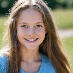 Portrait of a smiling young girl with long hair, sun-kissed skin and sparkling blue eyes.