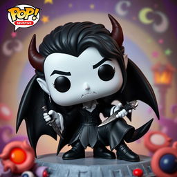 A Funko Pop style Astarion the Vampire figure in a relaxed laid-back pose, casually leaning while holding a dagger in one hand