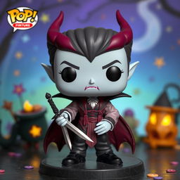 A Funko Pop style Astarion the Vampire figure in a relaxed laid-back pose, casually leaning while holding a dagger in one hand