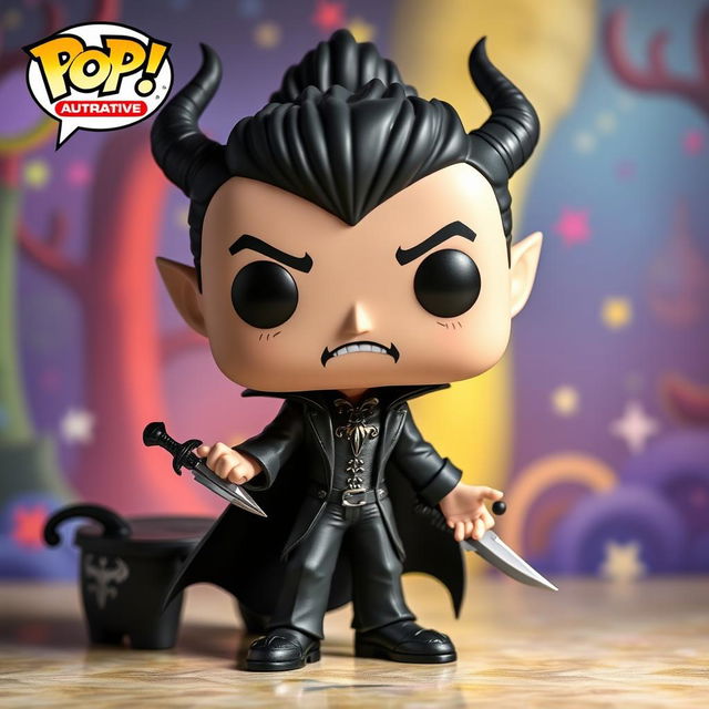 A Funko Pop style Astarion the Vampire figure in a relaxed laid-back pose, casually leaning while holding a dagger in one hand