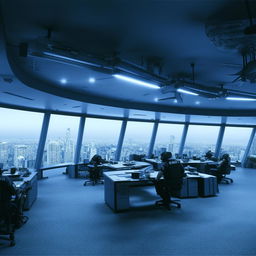 In broad daylight, the penthouse office of the SWAT Control Room, featuring panoramic glass walls which provide an extensive view of the bustling city.