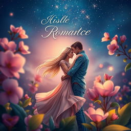 A captivating book cover design featuring a romantic scene between a couple in an enchanting setting