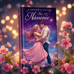 A captivating book cover design featuring a romantic scene between a couple in an enchanting setting