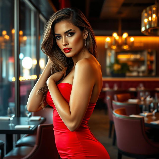 A glamorous model in a stunning, figure-hugging red dress, exuding confidence and allure