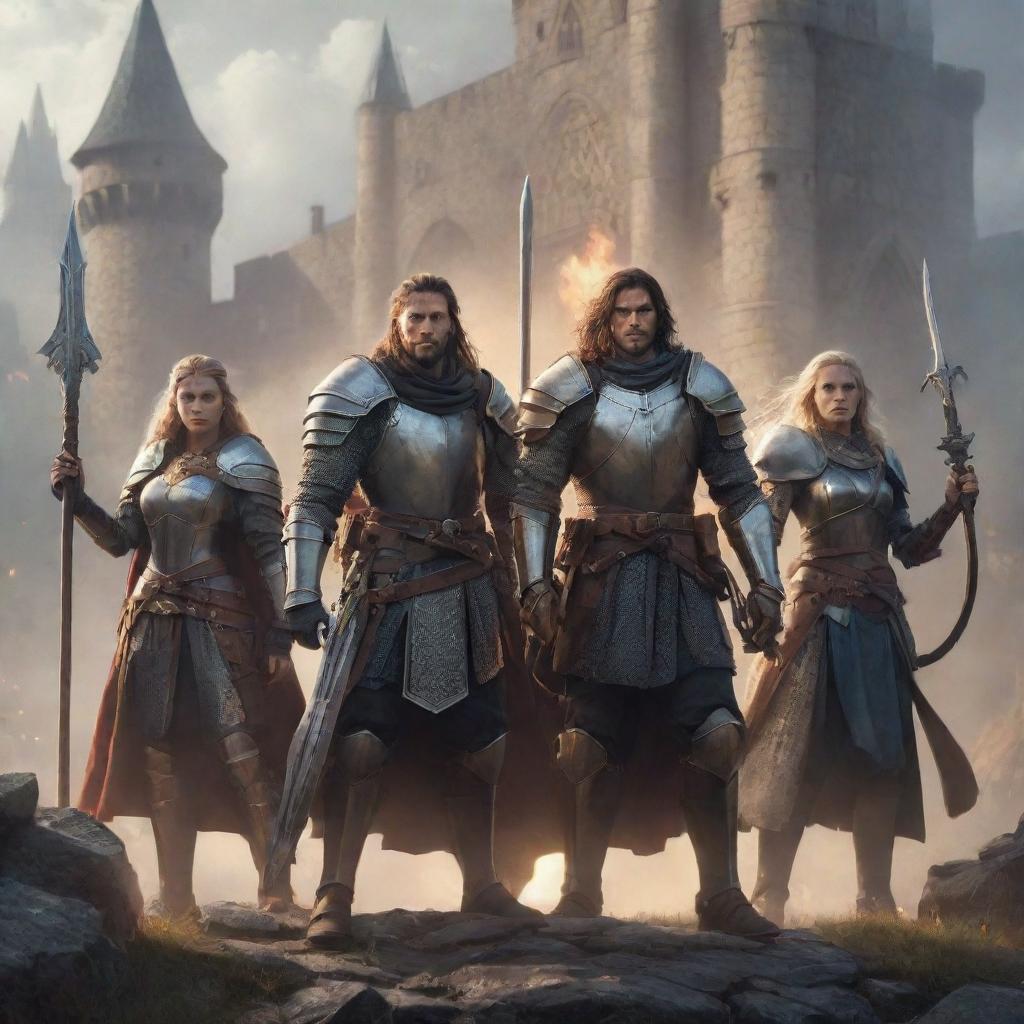 A group of powerful S-rank adventurers with variety of weaponry and armor, a majestic medieval fantasy backdrop, and magical aura around them.