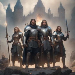 A group of powerful S-rank adventurers with variety of weaponry and armor, a majestic medieval fantasy backdrop, and magical aura around them.