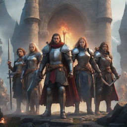 A group of powerful S-rank adventurers with variety of weaponry and armor, a majestic medieval fantasy backdrop, and magical aura around them.