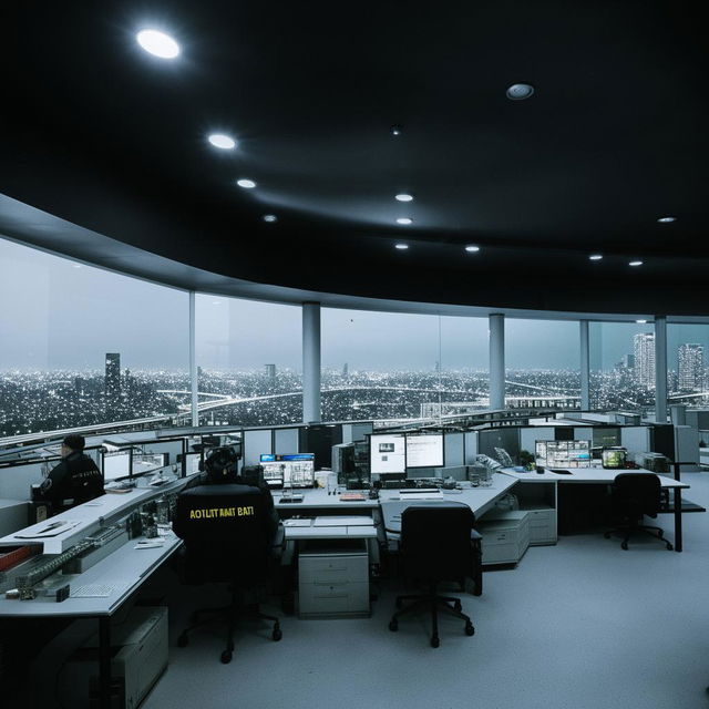 In broad daylight, the penthouse office of the SWAT Control Room, featuring panoramic glass walls which provide an extensive view of the bustling city.