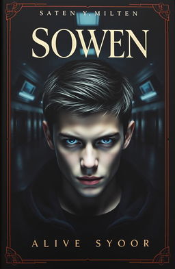 A striking book cover design featuring a young man with sharp, intense eyes, looking directly ahead