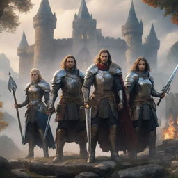 A group of powerful S-rank adventurers with variety of weaponry and armor, a majestic medieval fantasy backdrop, and magical aura around them.