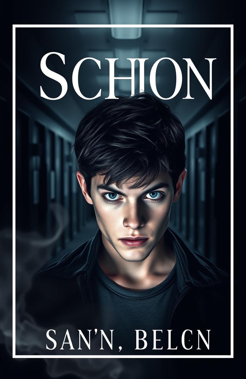 A striking book cover design featuring a young man with sharp, intense eyes, looking directly ahead