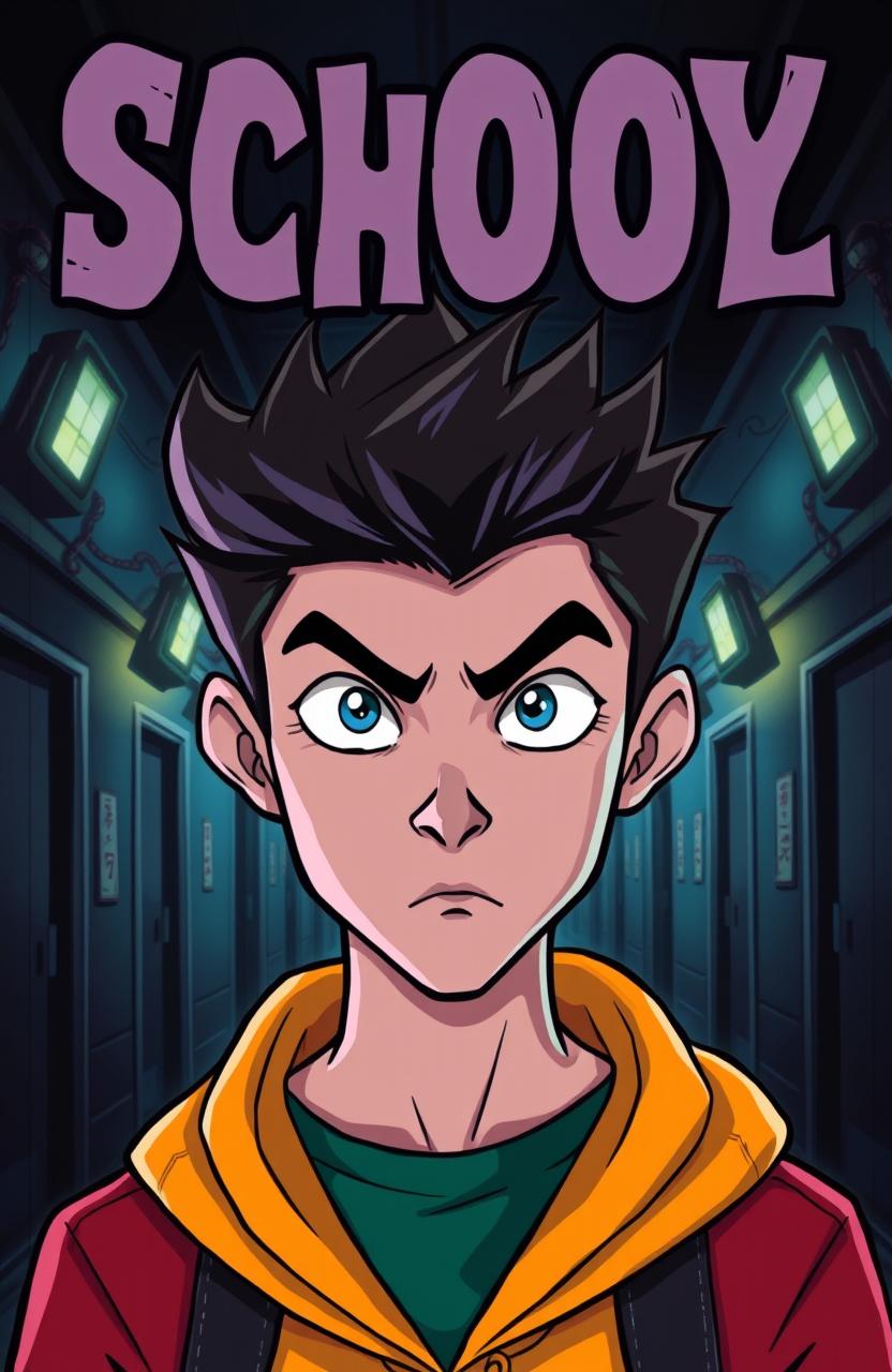 A captivating cartoon book cover featuring a young man with sharp, intense eyes, staring directly ahead