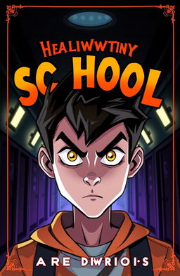 A captivating cartoon book cover featuring a young man with sharp, intense eyes, staring directly ahead