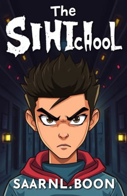 A captivating cartoon book cover featuring a young man with sharp, intense eyes, staring directly ahead