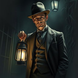 An eerie scene depicting a man dressed in classic British attire, including a tailored suit, waistcoat, and bowler hat, standing in a dimly lit horror setting