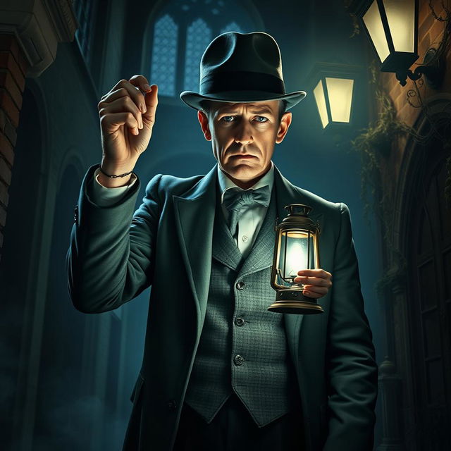 An eerie scene depicting a man dressed in classic British attire, including a tailored suit, waistcoat, and bowler hat, standing in a dimly lit horror setting