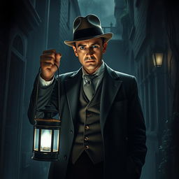 An eerie scene depicting a man dressed in classic British attire, including a tailored suit, waistcoat, and bowler hat, standing in a dimly lit horror setting