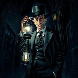 An eerie scene depicting a man dressed in classic British attire, including a tailored suit, waistcoat, and bowler hat, standing in a dimly lit horror setting