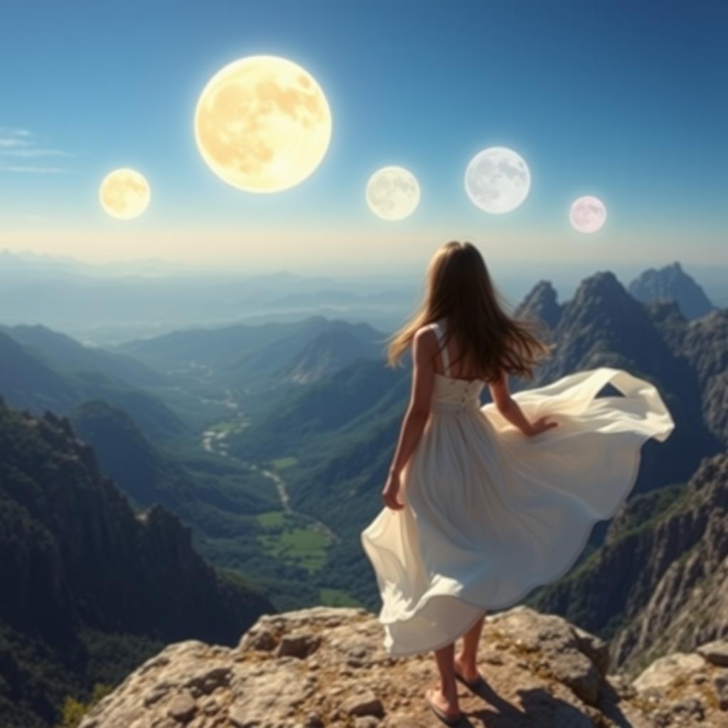 A girl standing on top of a mountain, gazing at the horizon where five bright moons named Dynastyan shine in the sky