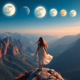 A girl standing on top of a mountain, gazing at the horizon where five bright moons named Dynastyan shine in the sky