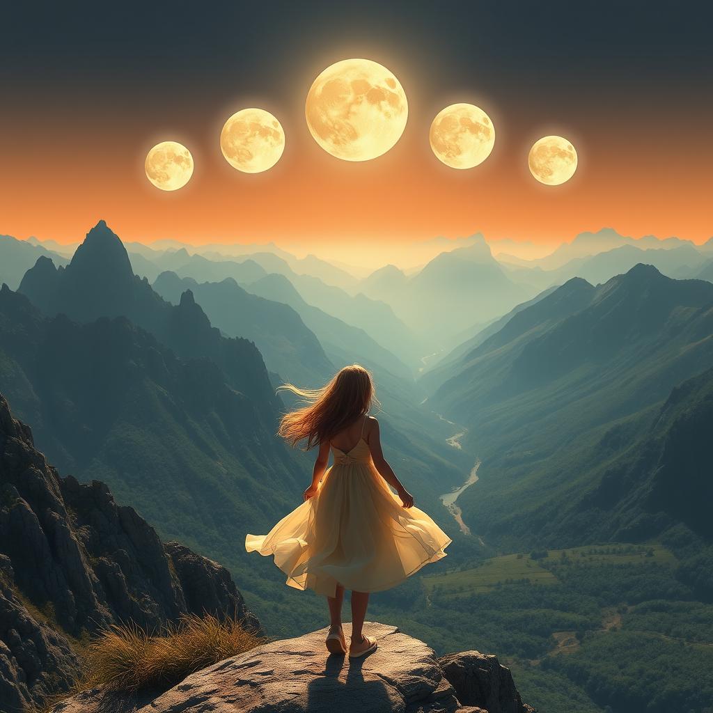 A girl standing on top of a mountain, gazing at the horizon where five bright moons named Dynastyan shine in the sky