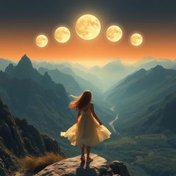 A girl standing on top of a mountain, gazing at the horizon where five bright moons named Dynastyan shine in the sky