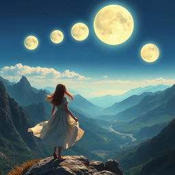 A girl standing on top of a mountain, gazing at the horizon where five bright moons named Dynastyan shine in the sky